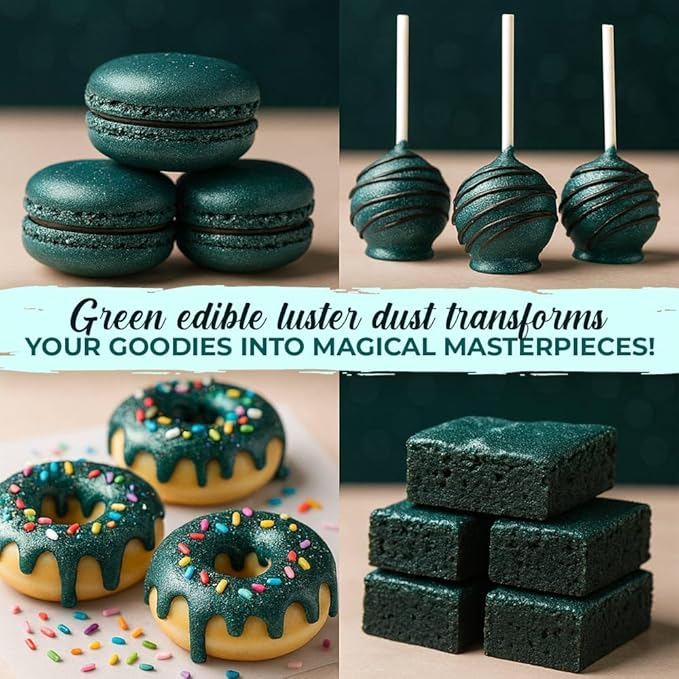 Bulk (20g) Green Luster Dust Edible Glitter for Cocktails, Premium Edible Metallic Dark Green Luster Dust for Drinks Cake Decorations Green Edible Glitter for Drinks Cupcakes Cookies Cakes Food Paint