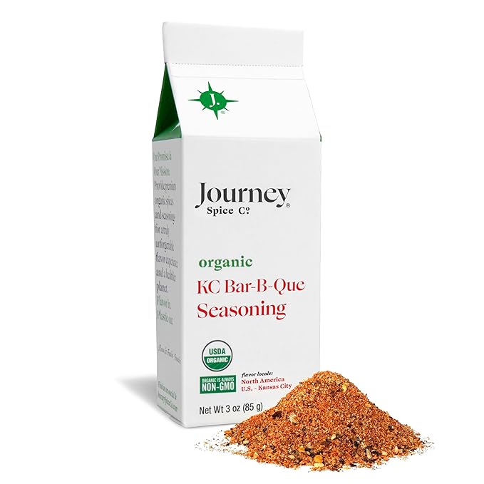 Organic KC Bar-B-Que Seasoning by Journey Spice Co. | Gourmet Kansas City BBQ All-Purpose Rub for Chicken, Poultry, Pork, Meat, Veggies | Salt-Free, Sugar-Free, Non-GMO, MSG-Free | Low-Carb, Keto, Low-Glycemic | 3 oz. | Resealable/Reusable Cap