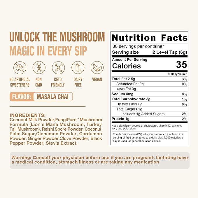 Chai Tea Latte with Mushrooms - 30 Servings, 30% Beta-Glucans - Lion's Mane, Reishi Spore, Turkey Tail Fruiting Body Extract for Relax & Energy Support, 6.35 oz