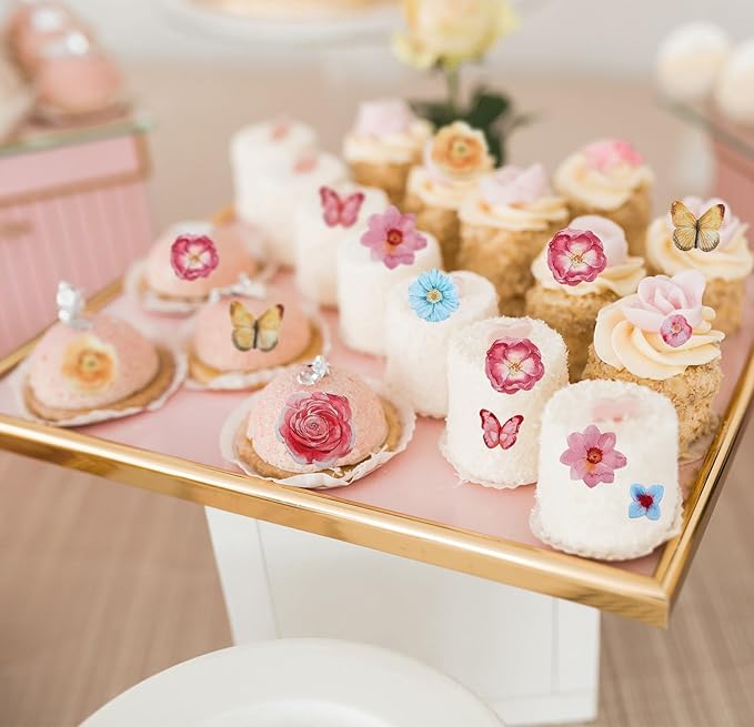 102pcs Edible Butterflies Flower Cupcake Toppers, Edible Cake Toppers Birthday Cupcake Toppers Cake Topper Decorations for Wedding Themed Party Cake Decoration Supplies
