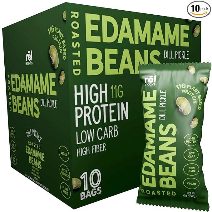 R휆l Snacks Dill Pickle Roasted Edamame ??High Protein Low Carb Snack (11g Protein per Serving) ??Keto-Friendly, Vegan, Non-GMO ??10-Pack 0.9oz Bags