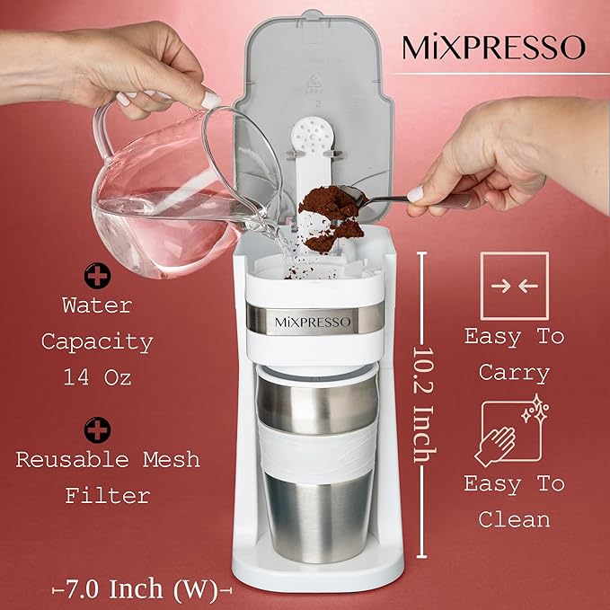 Mixpresso White Personal Single Serve Coffee Maker with 14oz Travel Mug, Drip Small Coffee Maker with Auto Shut Off, Reusable Filter, Works with Ground Coffee Only ??Not for K-Cup Pods