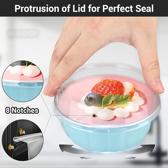 EUSOAR Take Out Containers with Lids, 100pcs 9oz Blue Cup Cake, Disposable Cake Containers Ramekins with Lids Bakery Cheesecakes Muffins Pie Round Wrappers for Wedding Birthday Theme Party