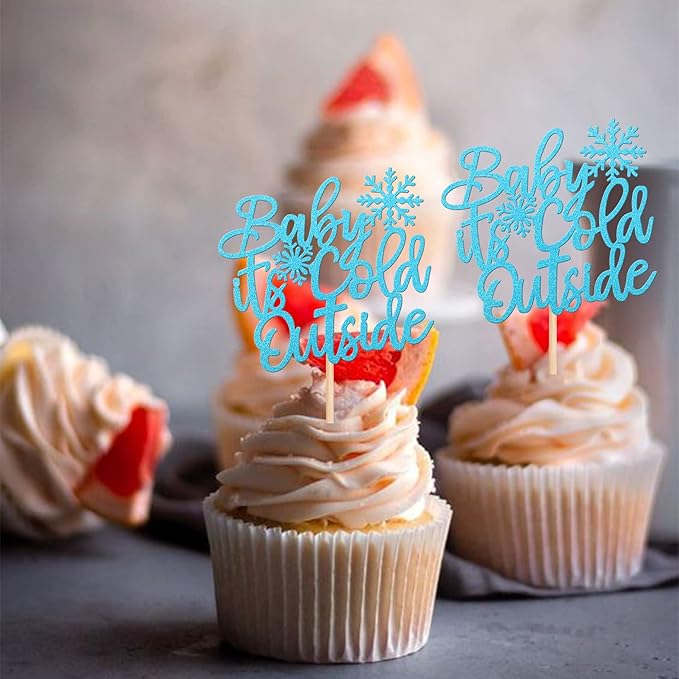 30 PCS Baby It's Cold Outside Snowflake Cupcake Toppers Glitter Winter Frozen Theme Cupcake Picks for Winter Wonderland Shower Birthday Party Cake Decorations Supplies Blue
