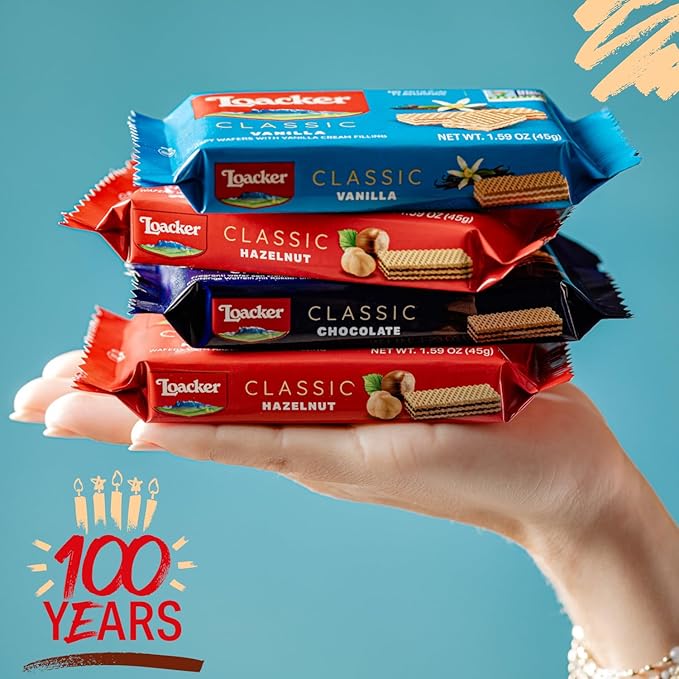 Loacker Classic Wafers Mix - Premium Assorted Crispy Wafer Cookies - Variety Pack - Hazelnut, Chocolate, Vanilla, Double Chocolate, Cocoa and Milk, Milk - 45g/1.59oz, Pack of 6