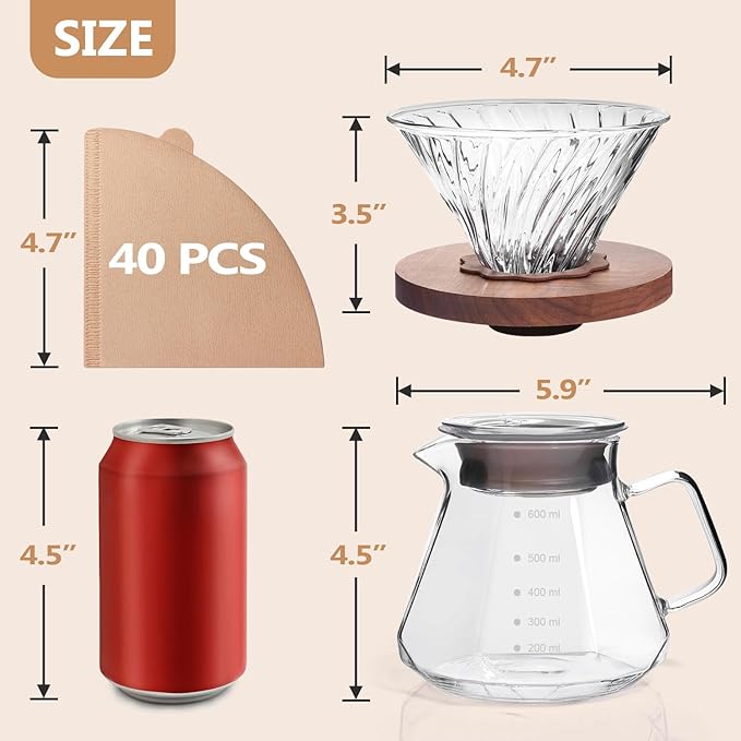 Pour Over Coffee Maker, Borosilicate Glass Drip Coffee Maker with Reusable Stainless Steel Filter and Cork Grip for Home Caf챕 (Walnut Collar, 20 OZ)