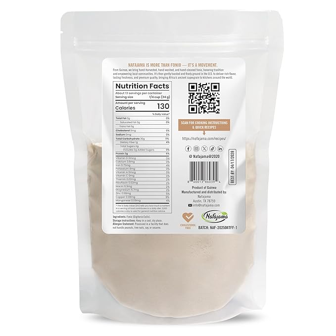 Nafajama Premium Gluten-Free Toasted Fonio Flour | Ancient African Superfood | All-Natural, Non-GMO, Vegan, High-Fiber - 1 Bag of 1 lb / 454g