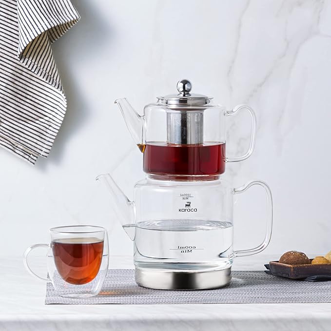 Karaca Dora Teapot Set, Glass, Tea Pot 1 L/33 oz, Kettle 2 L/66 oz Silver, Transparent, Tea Maker, Kettle, Turkish Tea Kettle, Tea Maker, XLarge, Suitable for Induction