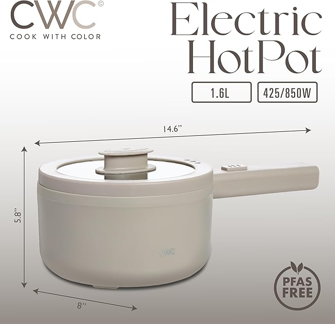 COOK WITH COLOR Electric Hot Pot, 1.6L Mini Cooker, 700W Power, Non-Stick Surface, Thermal Cut-Out Protection, Perfect for Rice, Noodles, Soups, Stews, Dorms, Apartments, and Small Kitchens, Greige