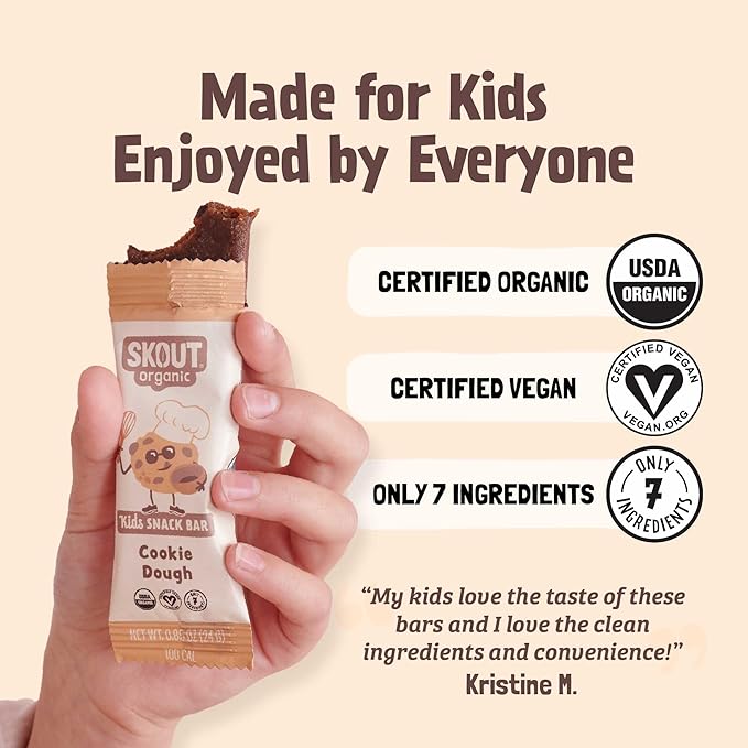 Skout Organic Cookie Dough Kids Snack Bars (18 Pack) | Organic Kids Snack Bars | School Snacks & Lunch Snacks | Vegan & Paleo | Gluten, Dairy, Grain, Peanut Free