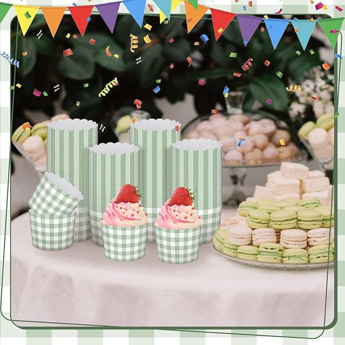 Vesici 150 Pcs Sage Green Gingham Ice Cream Cups 5oz Dessert Paper Bowls Gingham Scalloped Cupcake Cups Disposable Dessert Bowls for Food Sundae Frozen Yogurt Soup Party Supplies