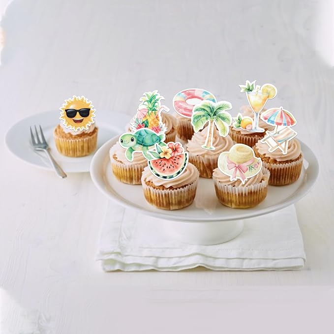 60 Pack Edible Summer Beach Theme Cake Topper Umbrella Chair Palm Tree Watermelon Pineapple Cake Pick Hawaiian Beach Cupcake Decorations for Baby Shower Birthday Wedding Party Supplies