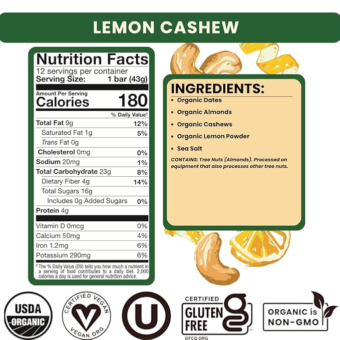 Bearded Brothers Vegan Organic Food Bar - Lemon Cashew, 12 Pack, Gluten Free, Paleo, Fiber, Whole 30 | Non GMO Low Glycemic Snacks (Packaging May Vary)