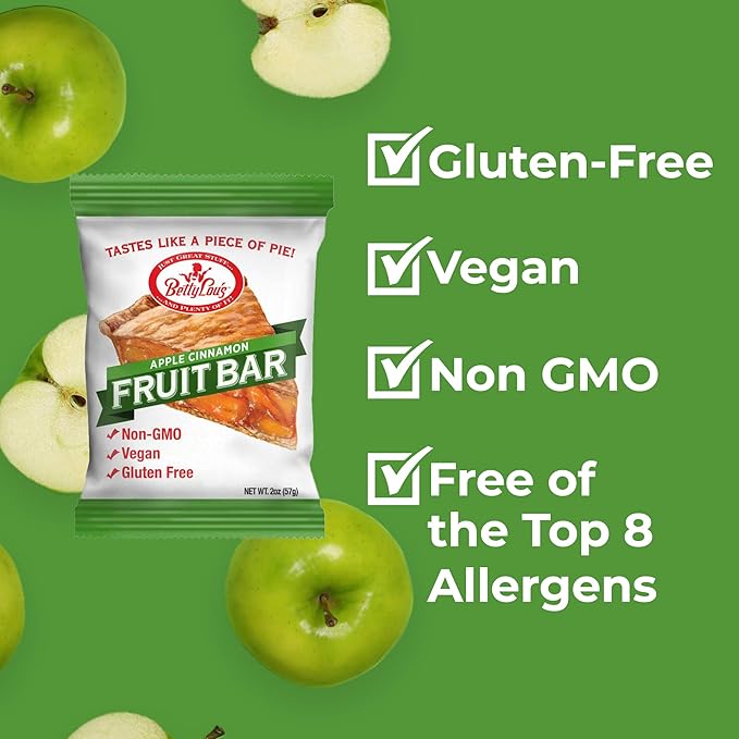 Betty Lou's Fruit Bars, Apple Cinnamon Pack of 12, Gluten Free, Vegan, Non GMO, Deliciously Healthy Snacks Made with All Natural Fruit Juice, Individually Wrapped, 2 oz. Each, 12 Bars