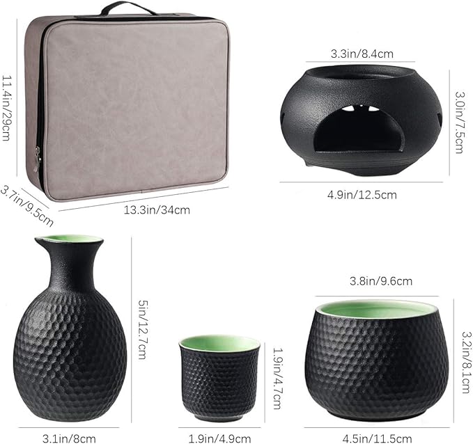 Ceramic Sake Set Cups with Warmer Keep Sake Storage Box, Traditional Porcelain Pottery Hot Saki Drink, 9pcs include 1 Stove 1 Warming Bowl 1 200ml Sake Bottle 6 Cup