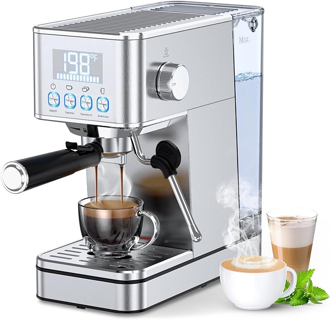 Espresso Machine, 20Bar Compact Stainless Espresso Maker, With Milk Frother Steam Wand, 57.5OZ Water Tank, Displays Making Time & Water Temperature, Cold Brew, Silver (2025 updated model)