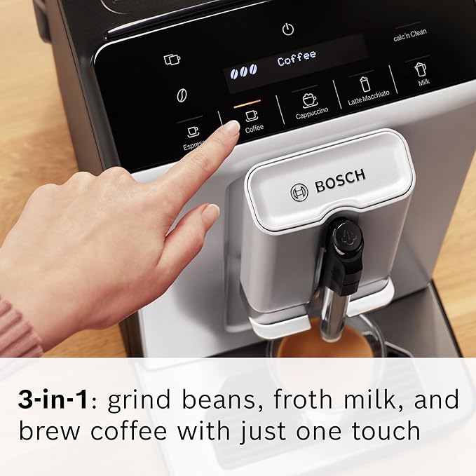 Bosch 300 Series Fully Automatic Espresso and Coffee Machine ??In-Cup Frother, OneTouch Milk Drinks, 5 Drink Options, Ceramic Grinder, Easy Clean & Descale, in Silver TIU20307
