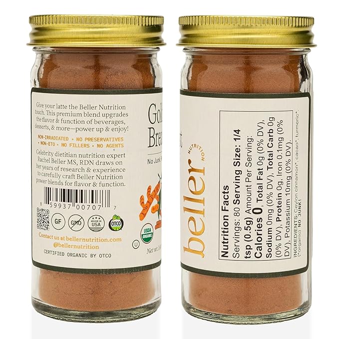 Beller Nutrition Golden Breakfast Organic Ceylon Cinnamon Powder Blend | 1.3 oz | No Salt Cinnamon Seasoning Ground from Organic Ceylon Cinnamon Sticks Blended with Ginger Root & Orange Peel