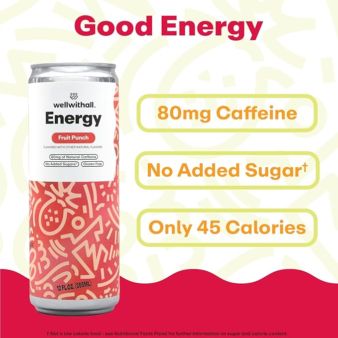 WellWithAll Energy Drink Variety Pack ??Fruit Punch, Tropical Mango, and Peach Flavors ??Caffeine from Tea ??With Vitamin C ??Lightly Sparkling Beverage ??Fruit & Veggie Juice Blend ??12 Oz (Pack of 12 ??4 Cans of Each Flavor )