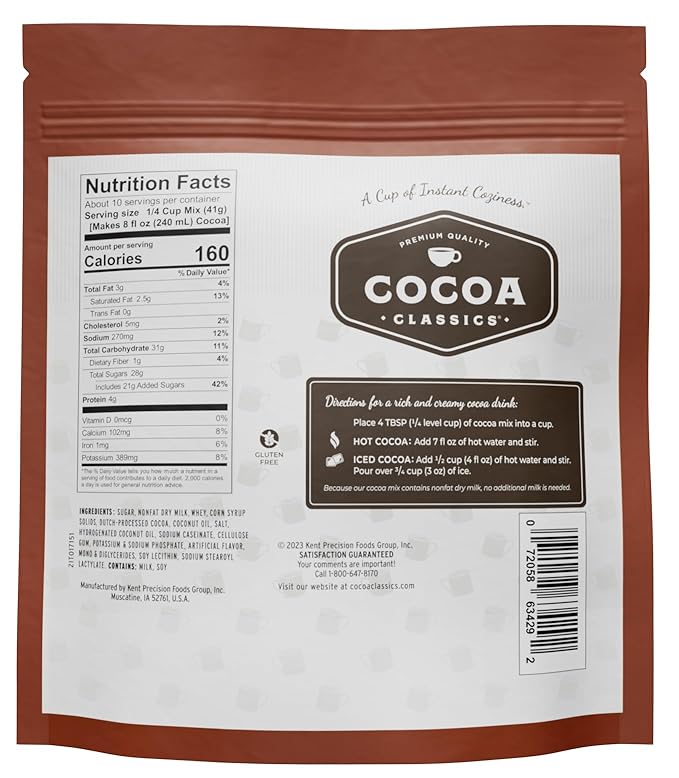 Cocoa Classics Chocolate Supreme Cocoa Mix Hot Chocolate Made with Nonfat Milk Just Add Hot Water Make Hot or Iced Cocoa Gluten Free & Kosher Dairy Friendly 14.8 oz Pouch (Pack of 1)