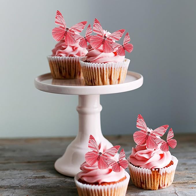 72PCS Edible Cupcake Toppers - Butterfly Cake Decoration - Edible Butterfly Cupcake Picks for Baby Shower, Kids Birthday Party - Rose Red