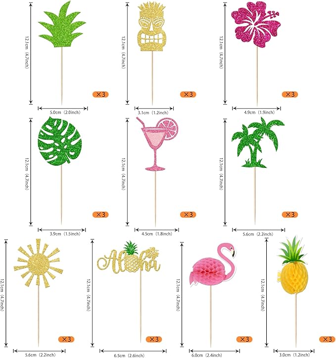 30 Pack Tropical Cupcake Toppers Glitter Leaf Pineapple Palm Tree Flamingo Picks Aloha Luau Cake Decorations for Summer Baby Shower Birthday Party Supplies