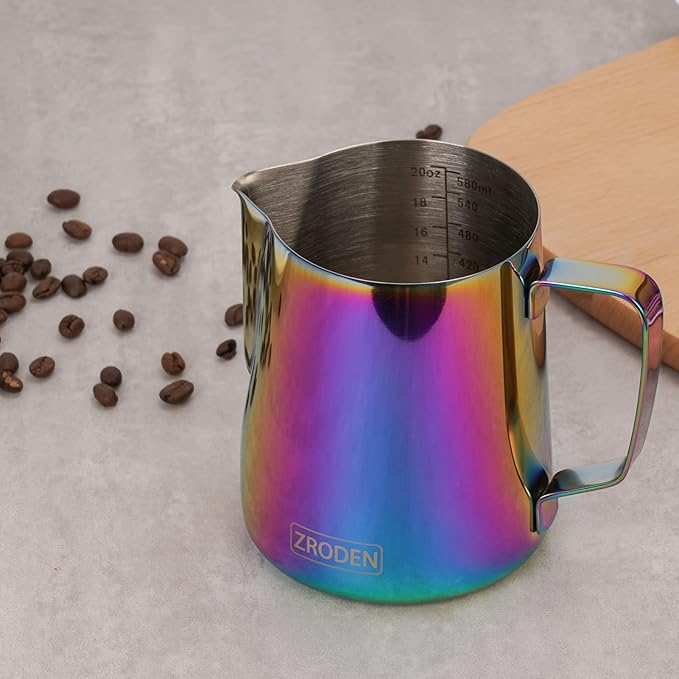 Milk Frothing Pitcher, 20oz Espresso Steaming Pitchers Stainless Steel Cappuccino Coffee Machine Accessories Barista Tools Steam Froth Pitchers Milk Jug Cup with Decorating Pen Latte Art, Rainbow