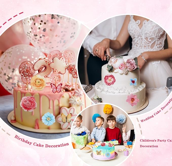 102pcs Edible Butterflies Flower Cupcake Toppers, Edible Cake Toppers Birthday Cupcake Toppers Cake Topper Decorations for Wedding Themed Party Cake Decoration Supplies