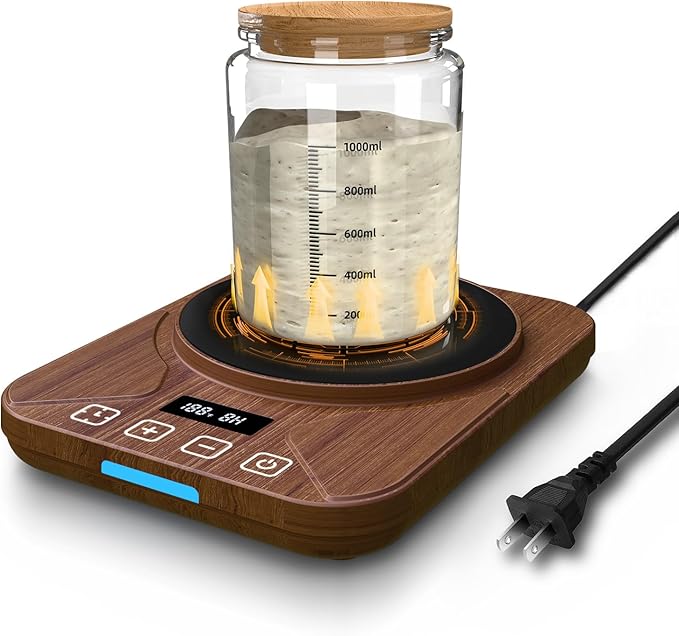 Sourdough Starter Warmer Mat - 24H Timer - Precise 1°F Thermostat Control (70-100°F) - Smart Memory Warming On/Off - Fits Jars Up to 40oz - Perfect for Home Baking (Brown)