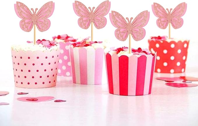 36PCS Butterfly Cupcake Toppers 3D Double Layers Hollow Cupcake Picks Baby Shower Cake Decorations Supplies for Butterfly Theme Wedding Anniversary Kids Birthday Party Pink