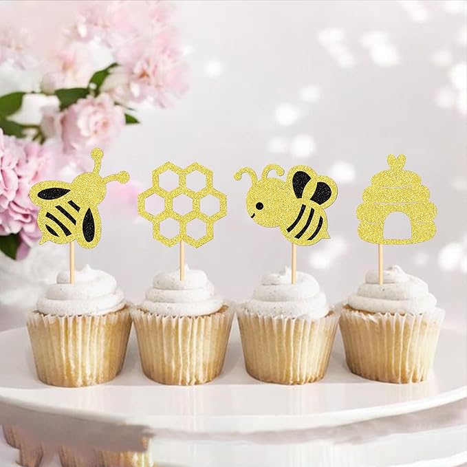 24 PCS Bumble Bee Cupcake Toppers Bumble Bee Party Decorations for Kids Girls Birthday Baby Shower Honey Bee Themed Party Supplies