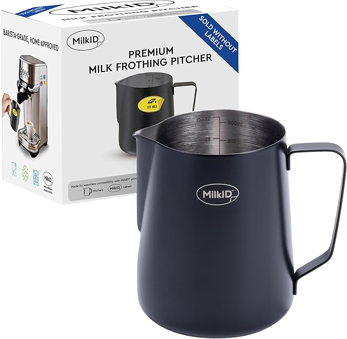 Stainless Steel Milk Frothing Pitcher | Compatible with MilkID Labeling System | Espresso Accessories Kit | Barista Tools | Latte Art Pitcher (32oz / Black Pitcher)