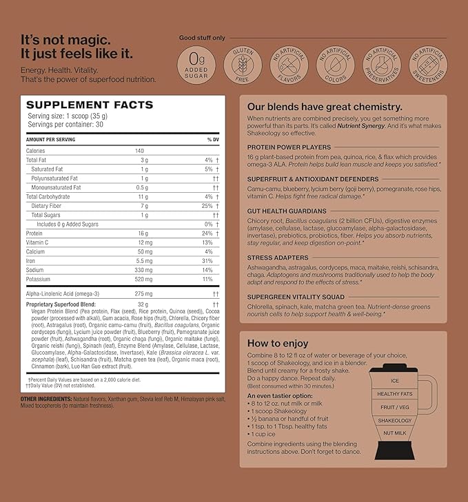 Shakeology 0g Added Sugar Plant Based Protein Powder Blend, Gluten-Free Shake with Vitamins and Minerals ??Helps Support Healthy Weight Loss, Lean Muscle, Gut Health ??Chocolate, 30 Servings