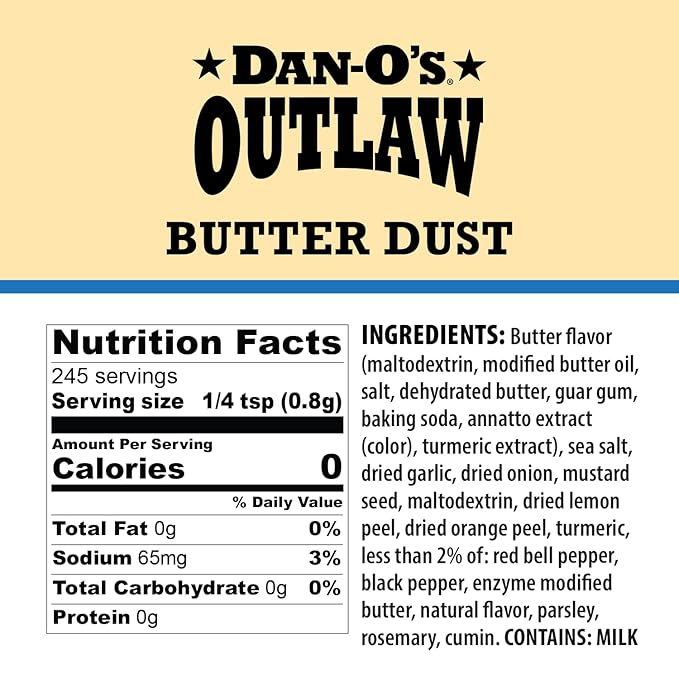 Dan-O's Outlaws Butter Dust Seasoning, 6.9 oz Bottle, Buttery All Purpose Seasoning for Chicken, Veggies, Popcorn and More, Sugar Free, Zero Calorie, This Spice Blend Adds Rich Flavor Without the Mess