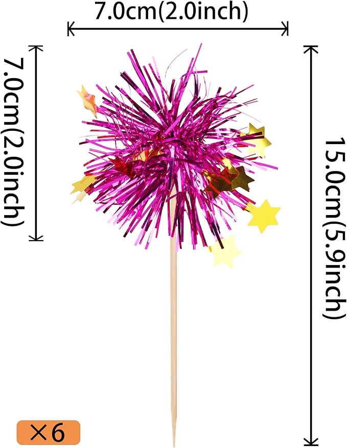 Rsstarxi 30 Pack Foil Firework Cupcake Toppers Sparkle Tinsel Drink Stirrers Birthday Cake Decoration Cocktail Food Toothpick for Happy Valentine's Day Wedding Graduation Party Decorations Purple