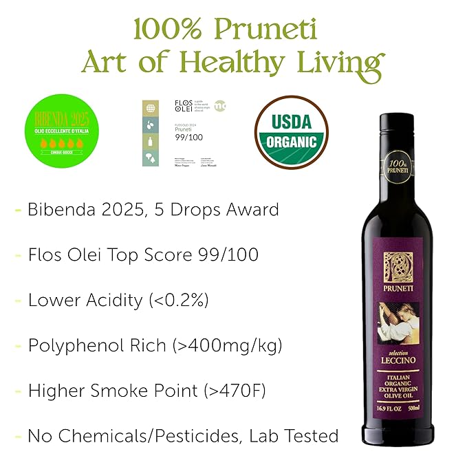 Pruneti - Leccino Medium, Organic New 2024-2025 Early Harvest Italian Olive Oil Extra Virgin from Tuscany, Italy, Polyphenol Rich 400+ mg/kg, Award Winner, First Cold Pressed, 16.9 fl oz