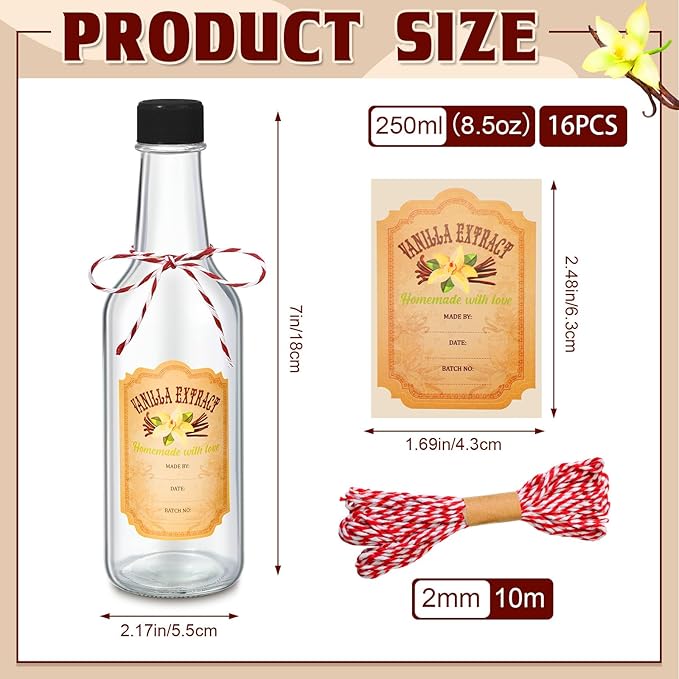 Tioncy 16 Pcs Vanilla Extract Bottles for Homemade Vanilla Jar Glass Bottle with Cap, Shrink Band, Sticker Syrup Gift Food Storage Canister for Bean Sauce Spice(Black,8.5 oz)