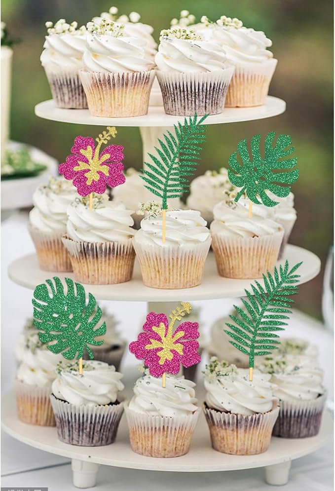 24Pcs Glitter Tropical Cupcake Toppers, Palm Tree Cake Topper Aloha Cupcake Picks Flower Cupcake Decorations for Luau Hawaiian Theme Baby Shower Birthday Party Supplies(Leaves B)