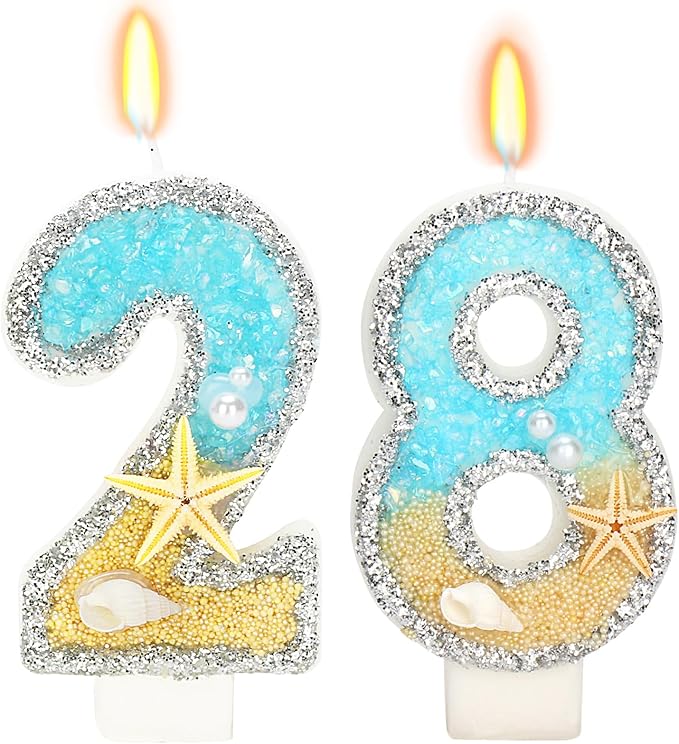Birthday Candle for Cake, Beach Starfish Sequins Candles, 2.76 inch Cake Topper Decoration for Birthday Party (Number 28)