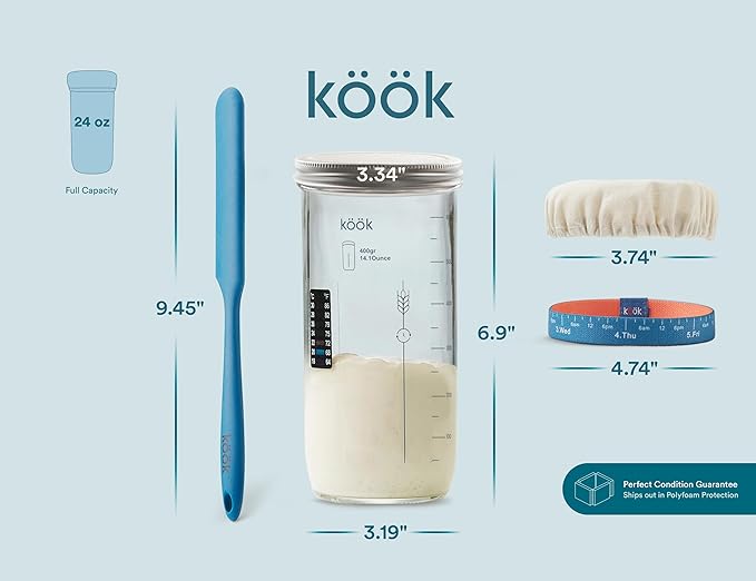 Sourdough Starter Kit, by Kook, Sourdough Starter Jar, Sourdough Bread Baking Supplies, Date Marked Feeding Band, Metal Cap, Thermometer, Silicone Spatula Scraper, Cloth Cover, 24 oz