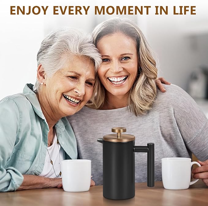 Black Stainless Steel French Press Coffee Maker, Double Wall Insulated French Press,for Coffee&Tea,with 3 Extra Screens and a Coffee Spoon,50oz/1500ml,Gold