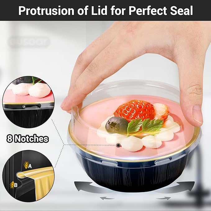 EUSOAR Dessert Cups with Lids, 100pcs 9oz Black Disposable Creme Brulee Ramekins, Cake Storage Container Bakery Cheesecakes Muffins Pie Round Holders Cups Pans for Wedding Birthday Theme Party
