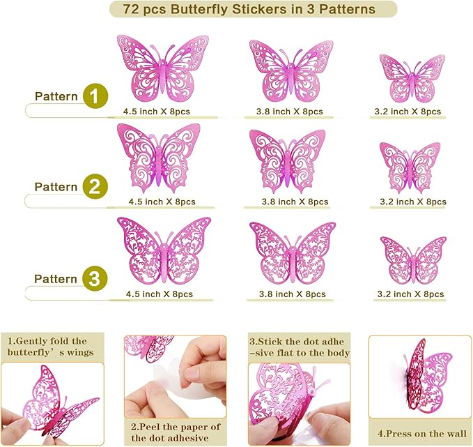 72 Pcs Butterfly Decorations, 3 Sizes 3 Styles Wall Decor, Party and Birthday Decorations, Pinkish Purple