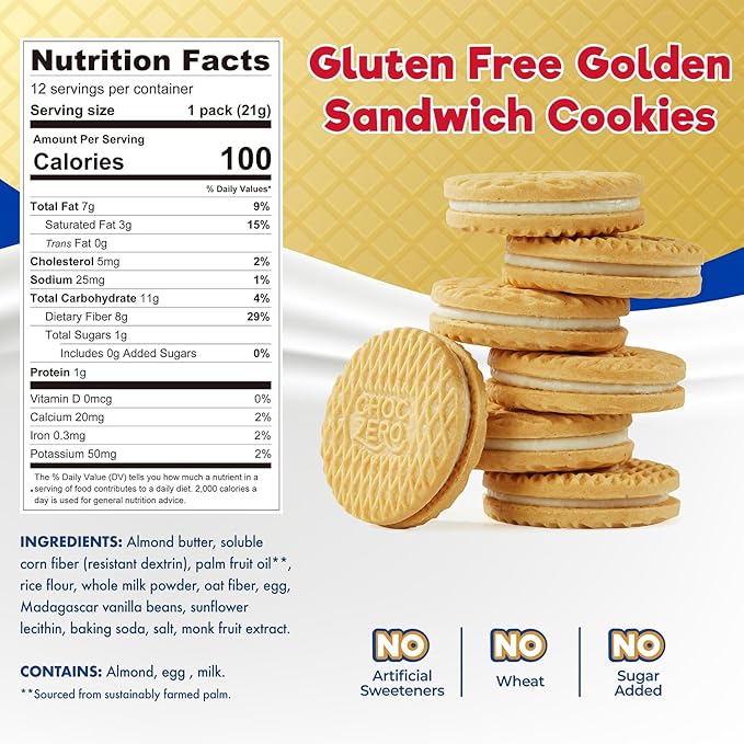 ChocZero Gluten-Free Vanilla Sandwich Cookies with Creme - Low Sugar, Keto Friendly Dunkies (1 Box, 9oz)