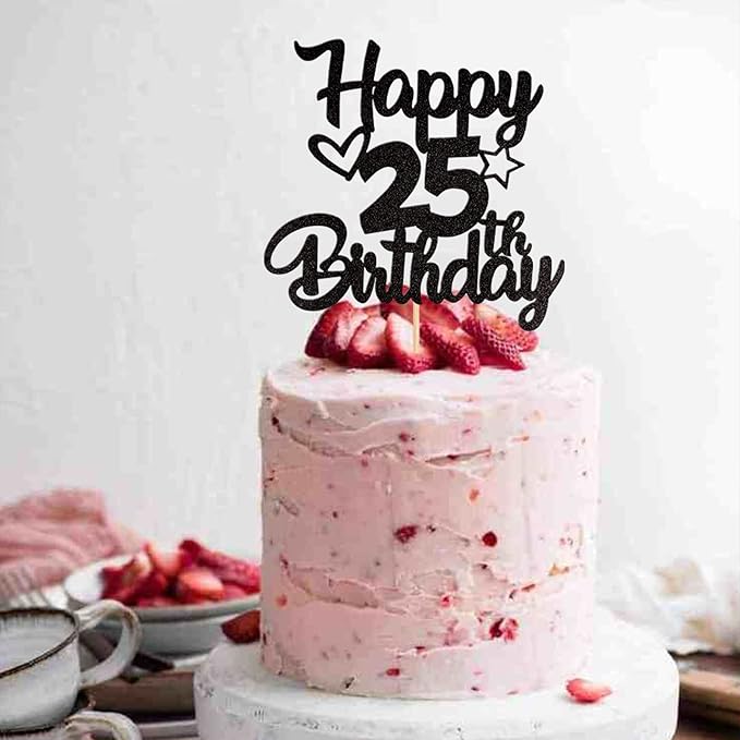 1 Pack Happy 25th Birthday Cake Topper Glitter Heart Star 25 Fabulous Cake Pick Birthday Sign Cake Decorations for Children 25th Birthday Theme Party Supplies Black