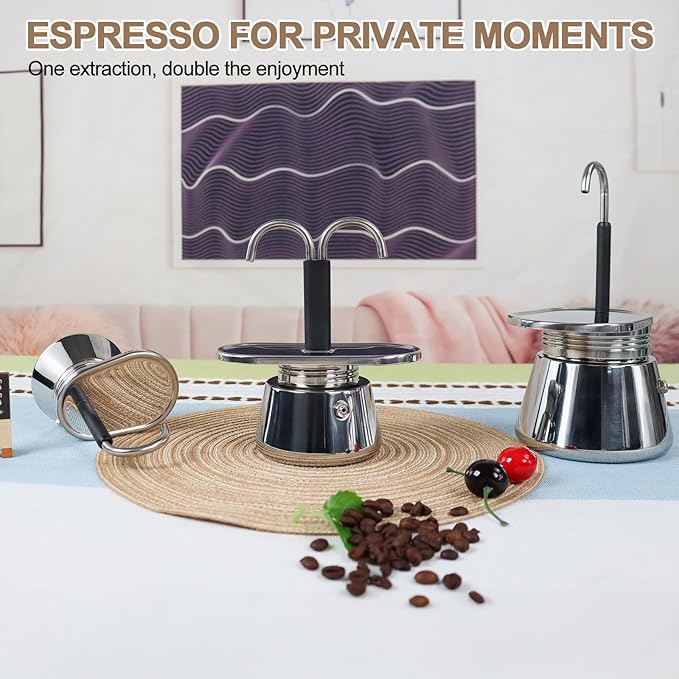 Uncoated 2 Cup Dual Pipe Moka Pot 304 Thickened Stainless Steel Mini Coffee Maker Stovetop Espresso Coffeemaker Italian Classic Style Brewing Greca Cafe Mocha Machine for Camping Travel Home 150ml