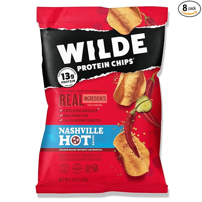 WILDE Protein Chips Nashville Hot, Thin and Crispy High Protein Snacks, Keto Friendly, Low Carb Chips, Real Ingredients, 1.34 Ounce (Pack of 8)
