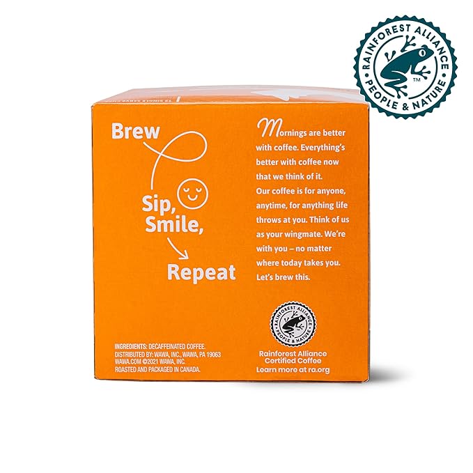 Wawa Mild Roast Single Cup Decaf Coffee Pods, 72 Pods, 6 Boxes, Regular Smooth & Balanced Classic Decaf Blend, Single Serve, 100% More Responsibly Sourced from Rainforest Alliance Certified Farms