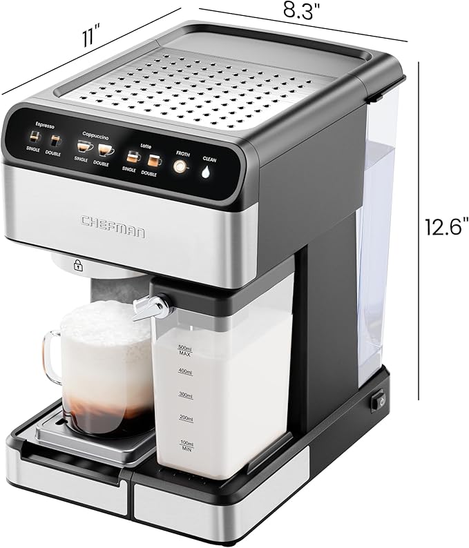 Chefman Caf챕Master Pro Espresso Machine, Brew Single or Double Shots, Coffee Maker with Built-In Milk Frother for Cappuccino & Latte, XL 1.8 Liter Removable Water Reservoir - Stainless Steel