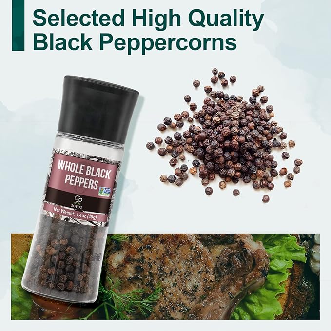 Soeos Spice Seasoning Set of 4, 9.8oz(277.82g), With Integrated Grinders, Salt and Pepper Grinder Set, Pure and Fresh Perfect for BBQ Seasoning Gift Set, Grilling Spice, Herb, Spice & Seasoning Gifts